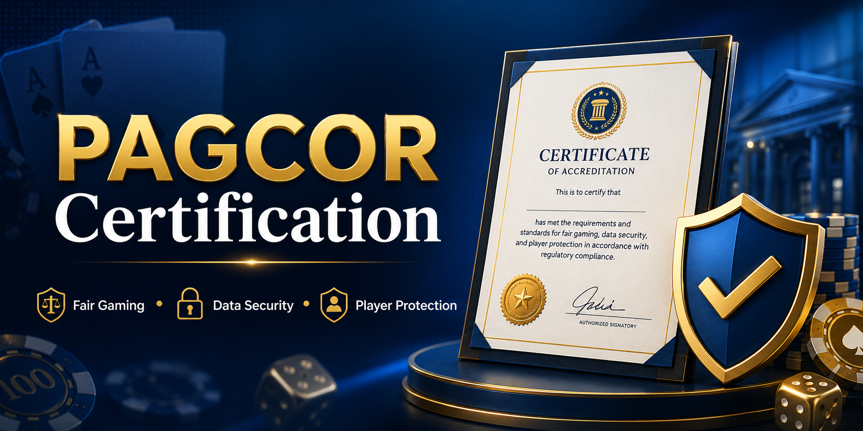 PAGCOR certification highlights regulatory standards related to fair gaming, financial capacity, data security and player protection.